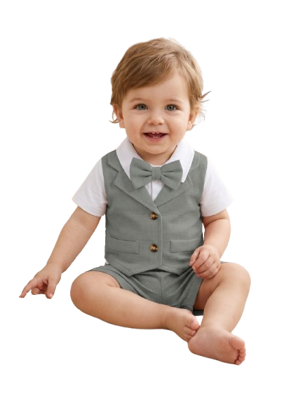PureChapter Baby Boy Baptism Outfit 2-Piece Set Short Sleeve Waffle Knit Romper Top & Shorts, Christening Outfit for 1-18M