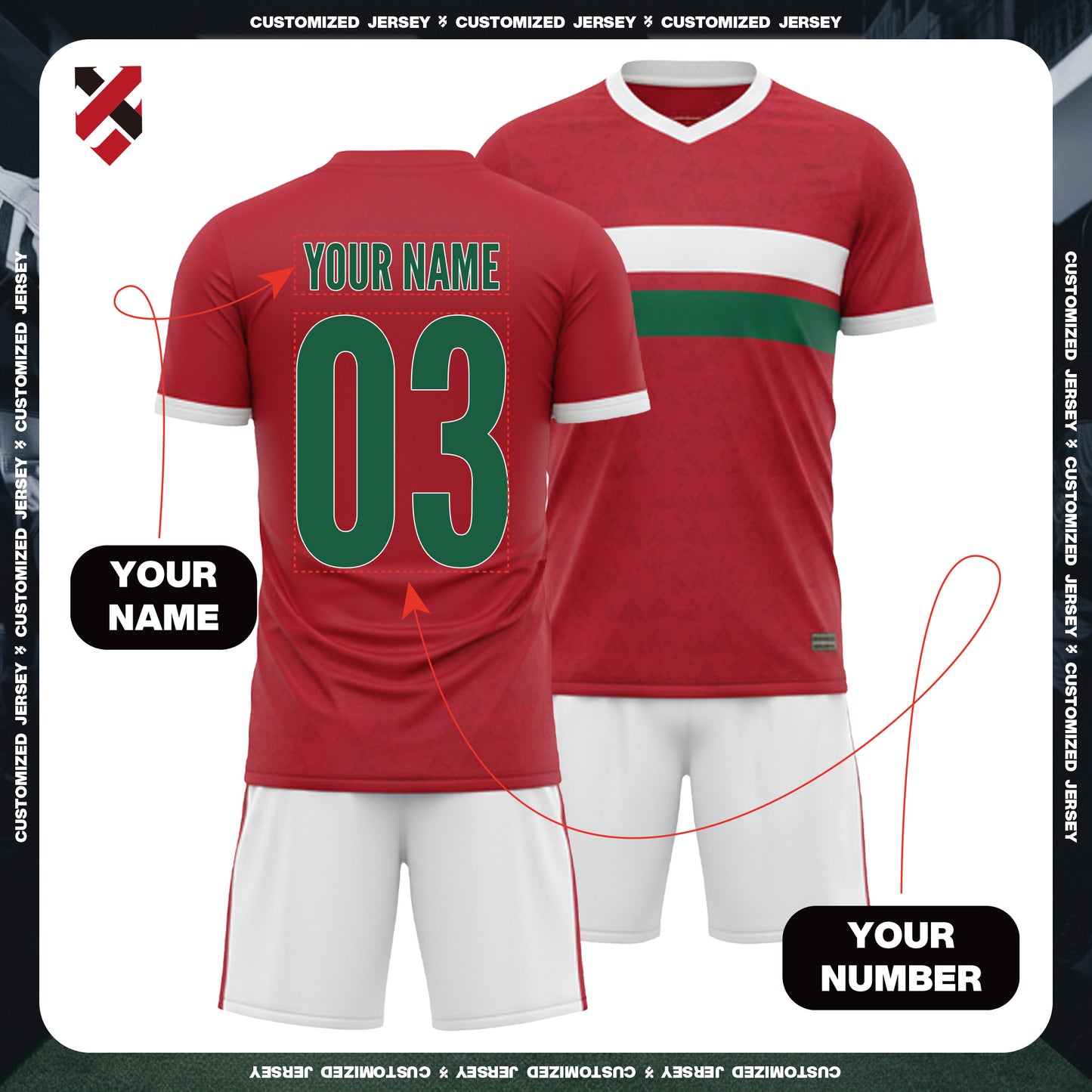 World Cup Custom Red & White Football Jersey Kit | Personalized Name, Number, Logo