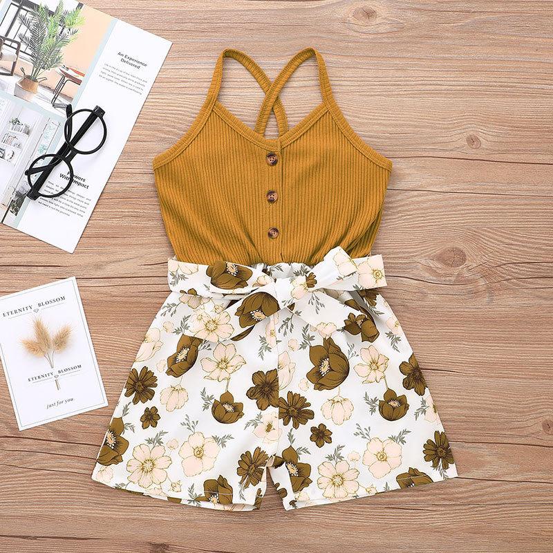 Baby Girls Jumpsuit Straps Splice Floral One Piece Summer Bodysuit Brown HD20752B