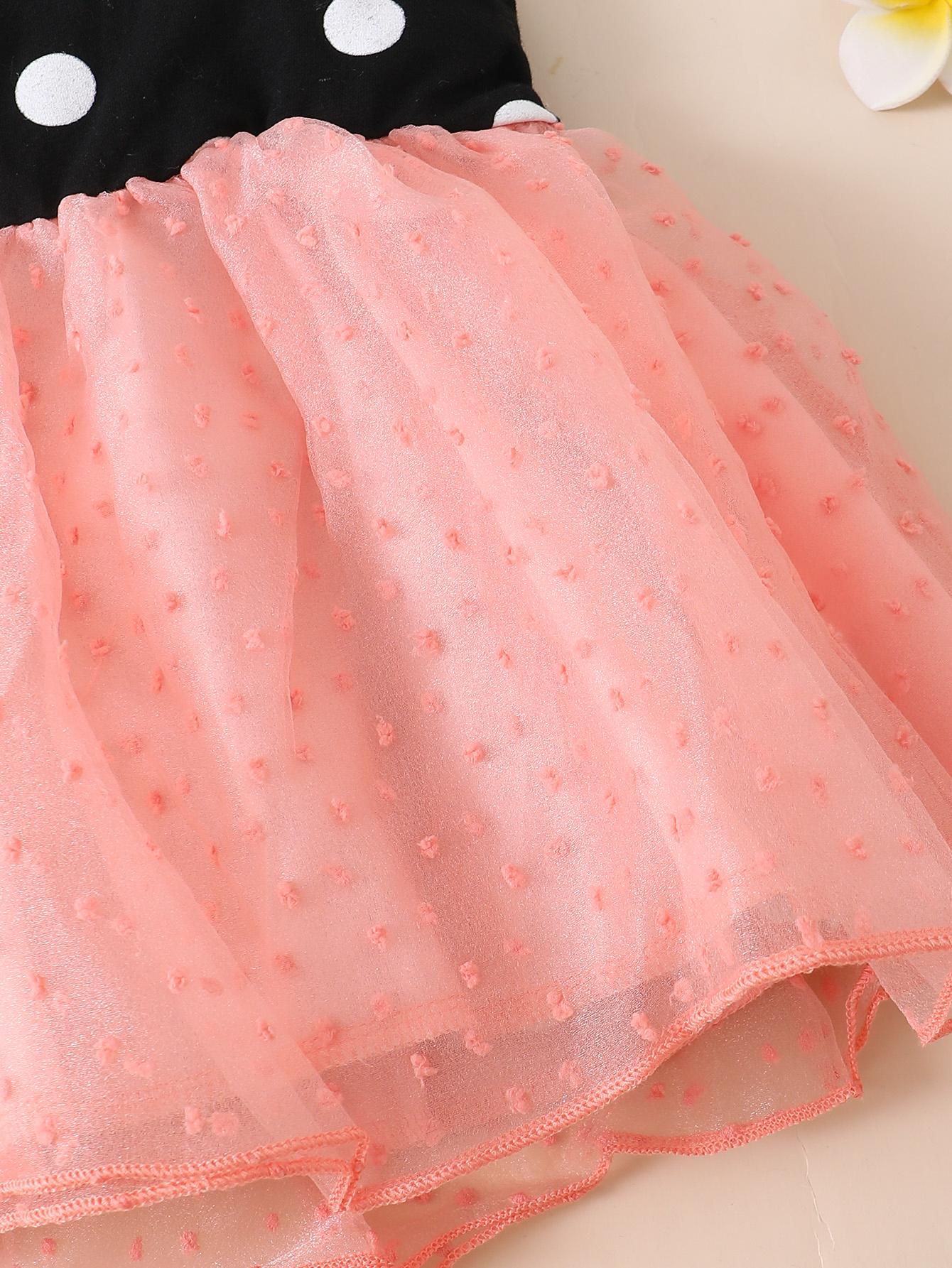 Baby Girls Dress Wave Point Splice Gauze Straps Dress With Headband Pink SH-323