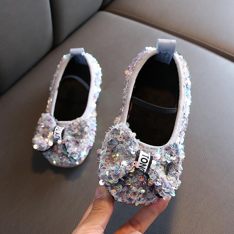 Baby Girls Shoes Korean Version Ff Flat-bottomed Bow Sequined Soft-soled Princess Shoes 9999