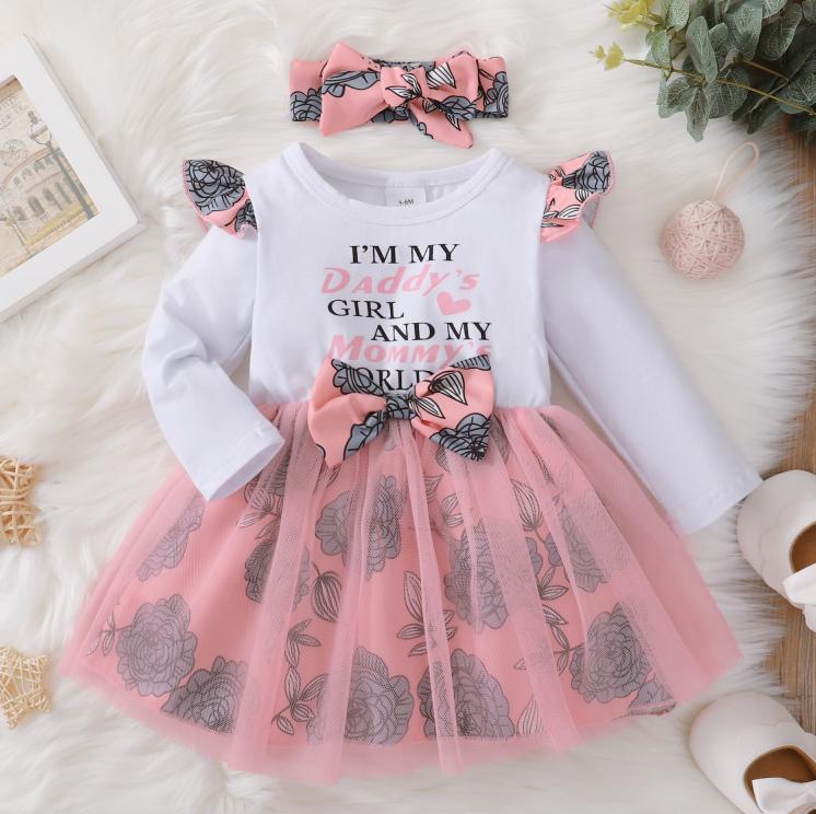 Baby Girls Dress Letter Winter Splice Gauze One Piece Dress White 12109799-2