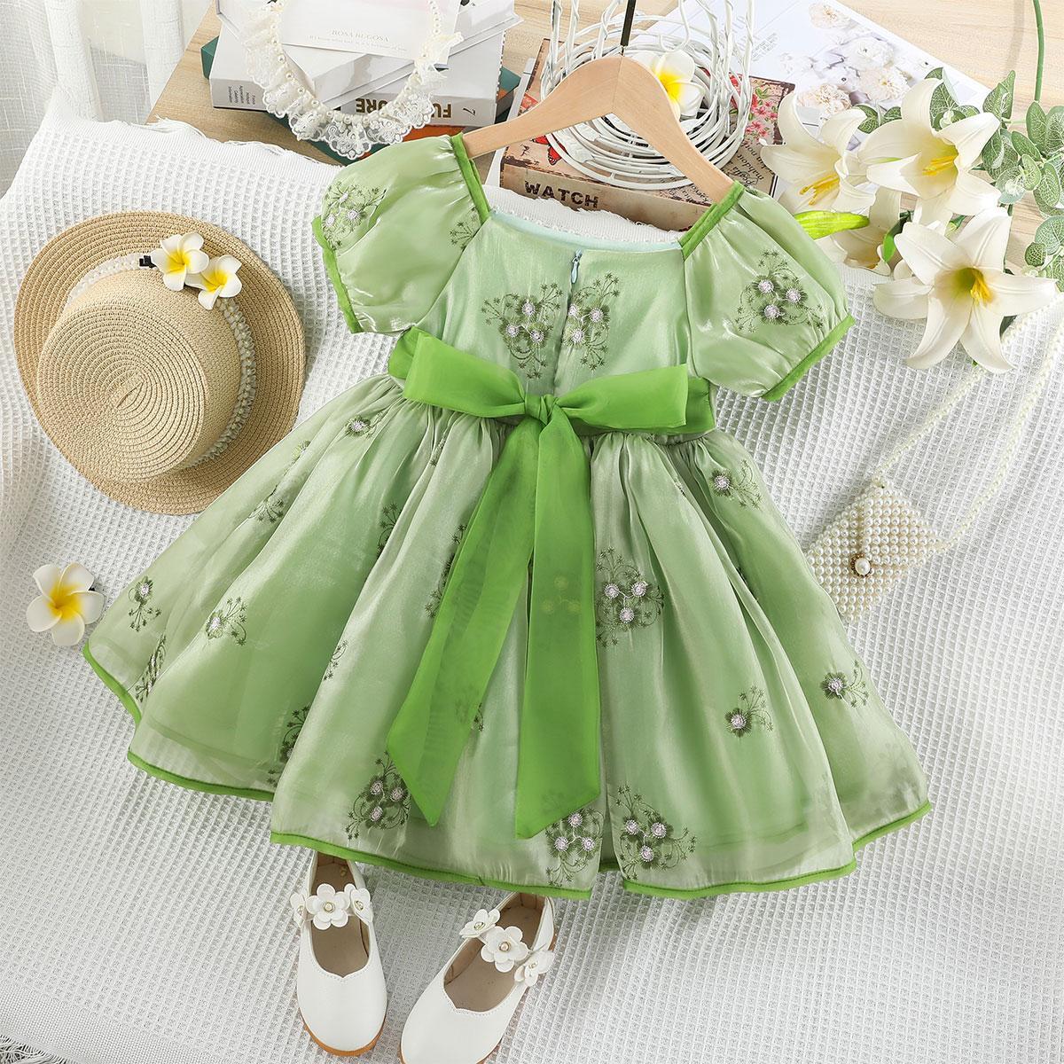 Baby Girls Princess Dress Bubble Sleeve Floral Embroidery One Pirce Summer Party Dress Green 202217