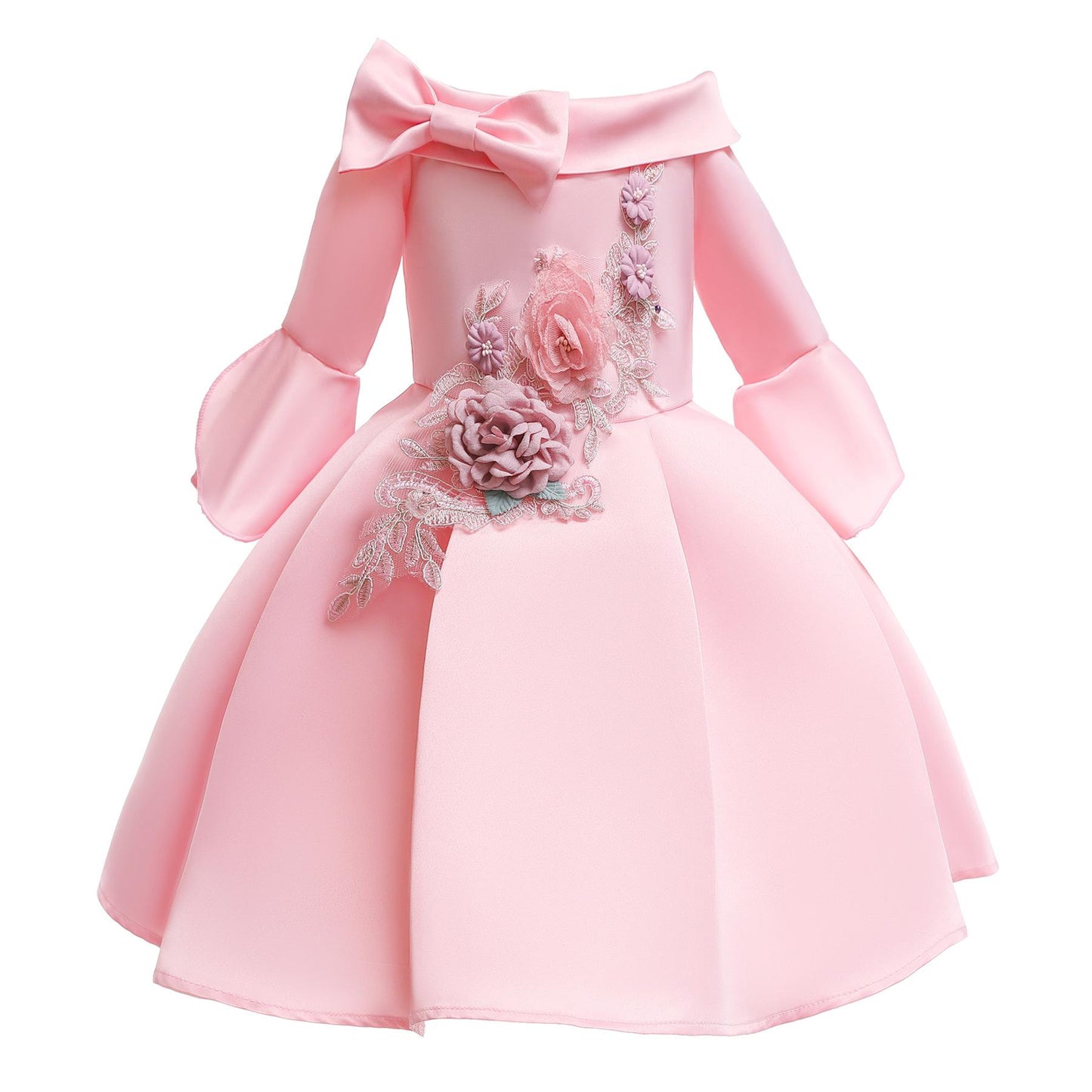Princess Dress For Little Girls Embroidery Bow Long Sleeve Winter Performance One Piece Party Dress Pink 3192
