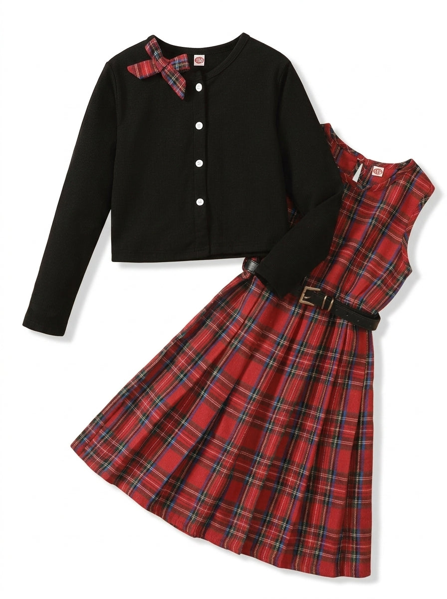 PureChapter Girls' Clothing Sets Long Sleeve Ribbed Cardigan & Plaid Sleeveless Pleated Dress 2-Piece Fall Outfit with Belt & Bow