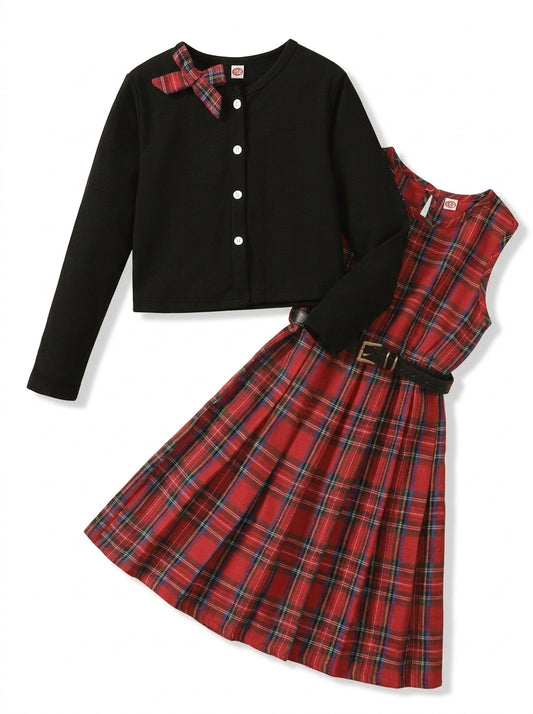 PureChapter Girls' Clothing Sets Long Sleeve Ribbed Cardigan & Plaid Sleeveless Pleated Dress 2-Piece Fall Outfit with Belt & Bow