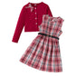 PureChapter Girls' Clothing Sets Long Sleeve Ribbed Cardigan & Plaid Sleeveless Pleated Dress 2-Piece Fall Outfit with Belt & Bow