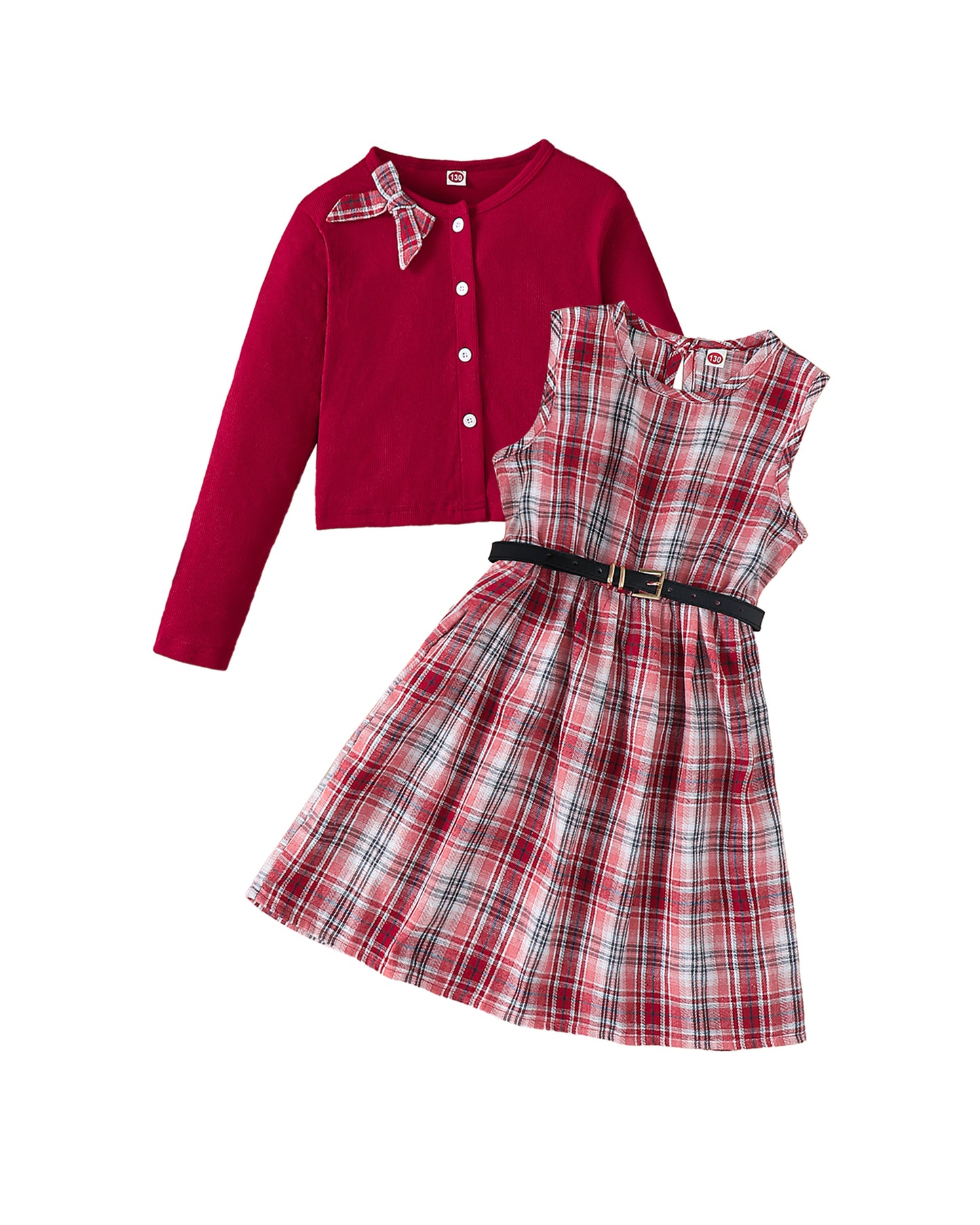 PureChapter Girls' Clothing Sets Long Sleeve Ribbed Cardigan & Plaid Sleeveless Pleated Dress 2-Piece Fall Outfit with Belt & Bow