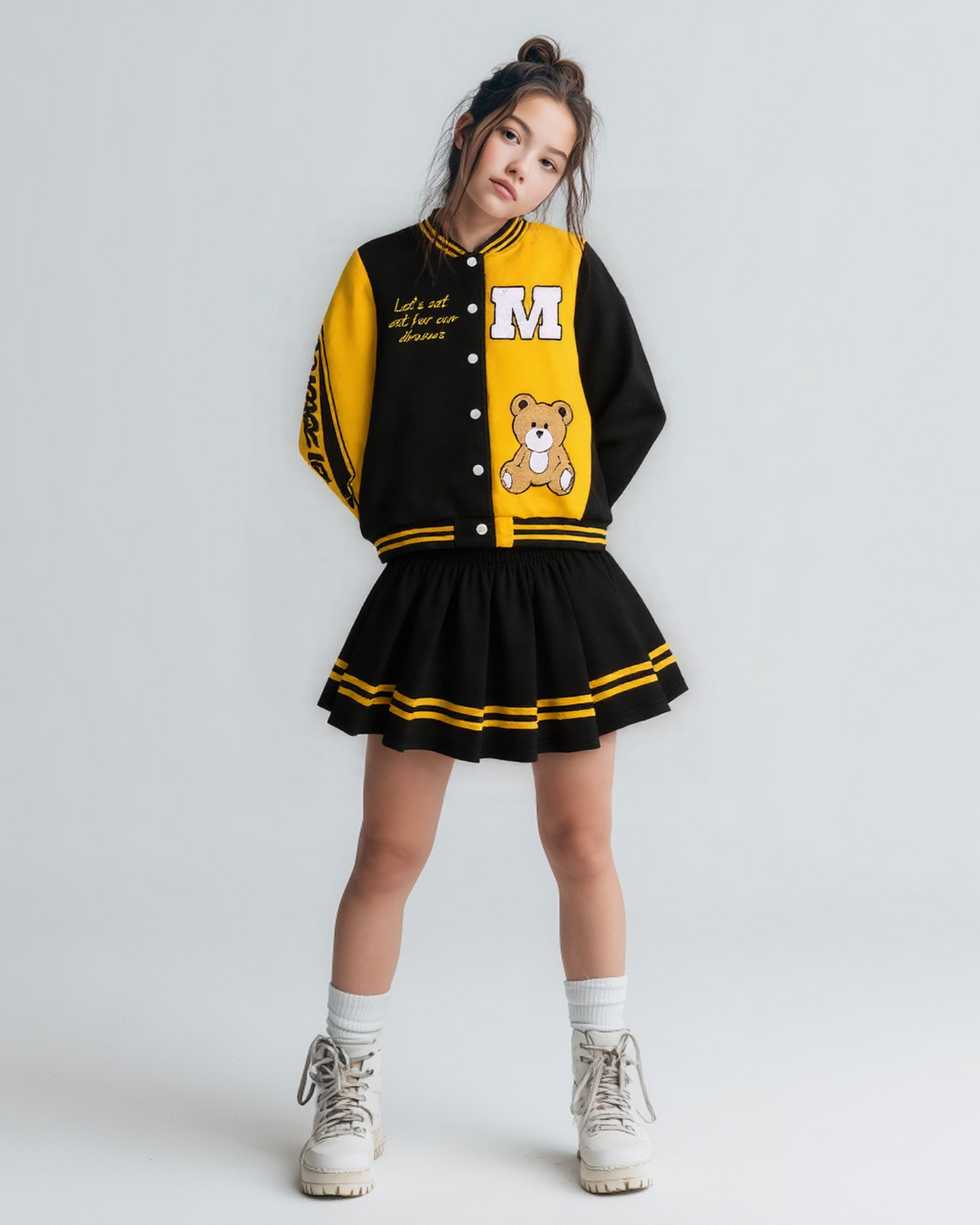 PureChapter Girls Clothes Cartoon Bear Letter Print Color Block Varsity Jacket & Striped Pleated Skirt 2 Piece Outfits for 7-14