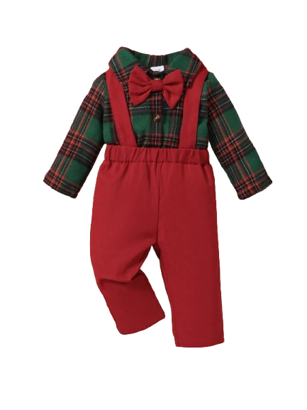 PureChapter Baby Boy Christmas Outfit Plaid Collared Bodysuit with Bow Tie & Suspender Pants 2Pcs Holiday Set for 1-18 Months