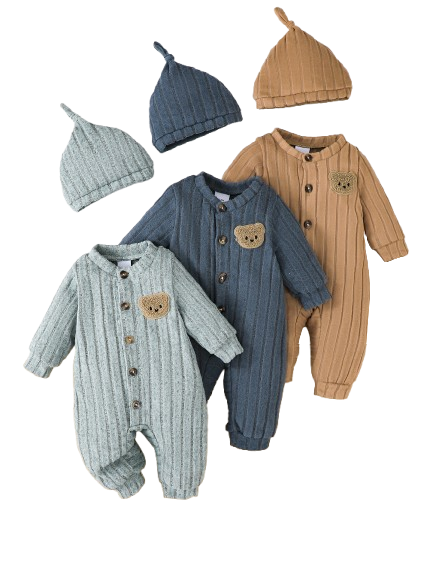 PureChapter Baby Boy Outfit, 6 Pieces Vertical Ribbed Bear Patch Long Sleeve Rompers with Matching Knit Hats Newborn Gift Set for Infants 1-18 Months