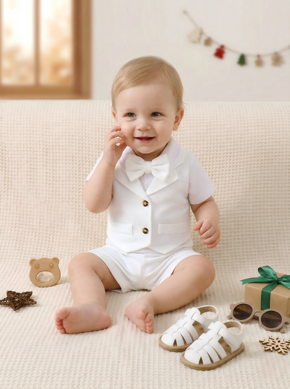 PureChapter Baby Boy Baptism Outfit 2-Piece Set Short Sleeve Waffle Knit Romper Top & Shorts, Christening Outfit for 1-18M