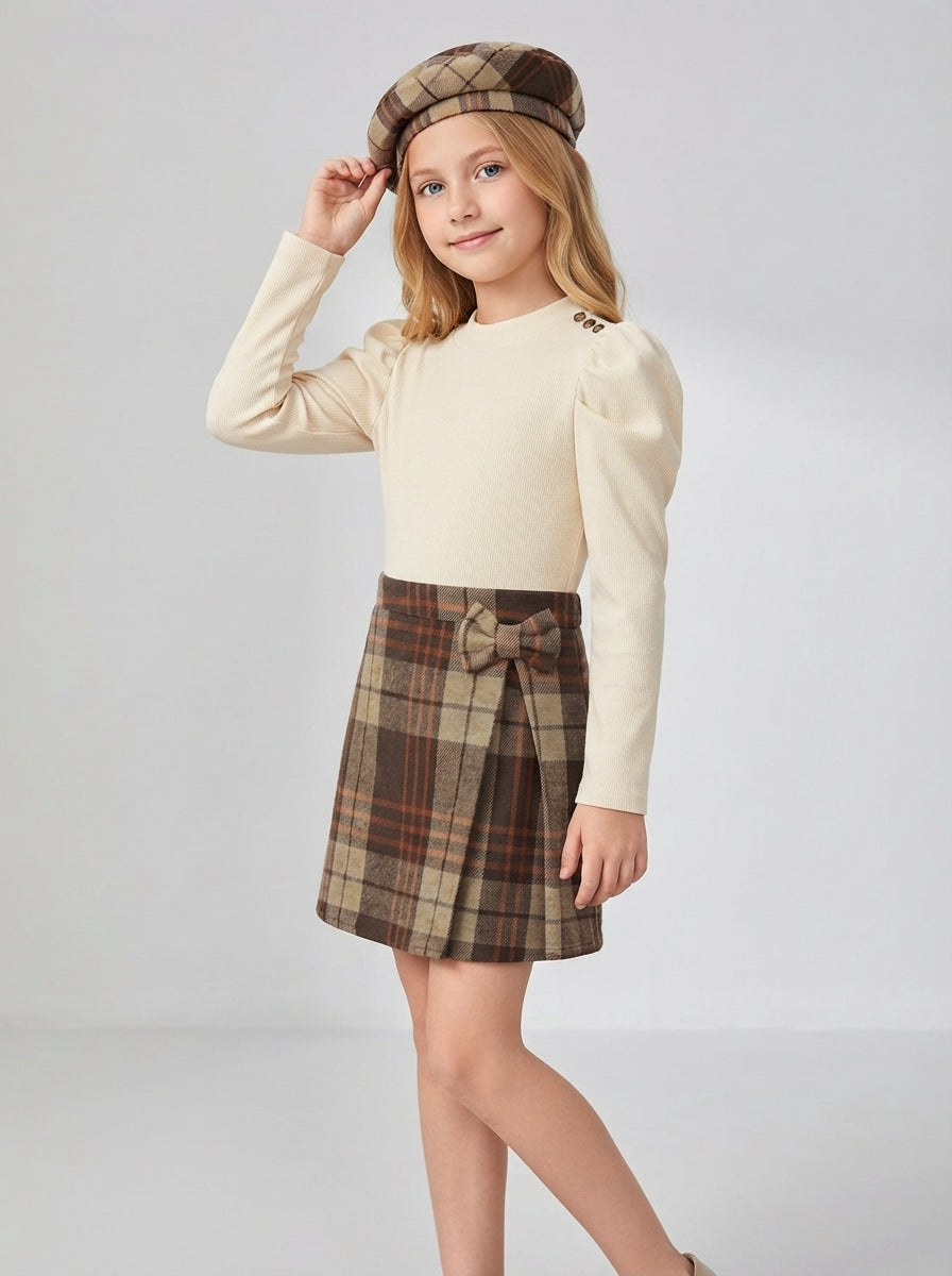 PureChapter Girls 3 Piece Outfit Set, Puff Long Sleeve Ribbed Top, Plaid Bow A-Line Skirt & Matching Beret Hat Vintage Preppy Clothes for Teen Girls 6-14 Years