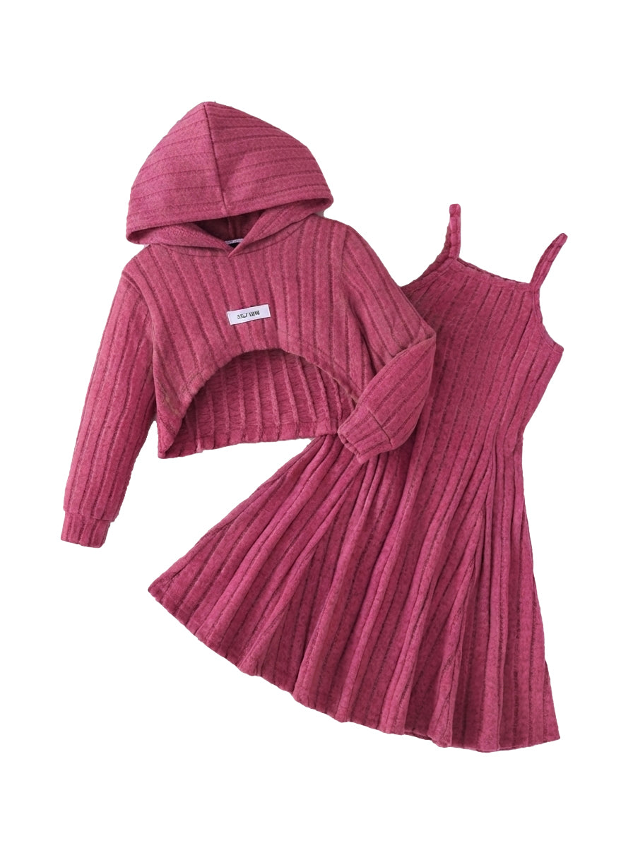 PureChapter Girls' Clothing Sets Ribbed Knit Hoodie Crop Top + Flared Spaghetti Strap Dress 2 Piece Outfit