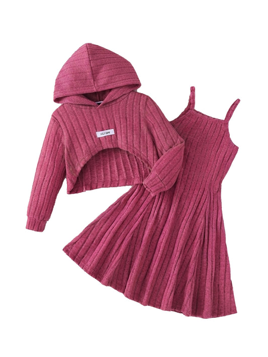 PureChapter Girls' Clothing Sets Ribbed Knit Hoodie Crop Top + Flared Spaghetti Strap Dress 2 Piece Outfit