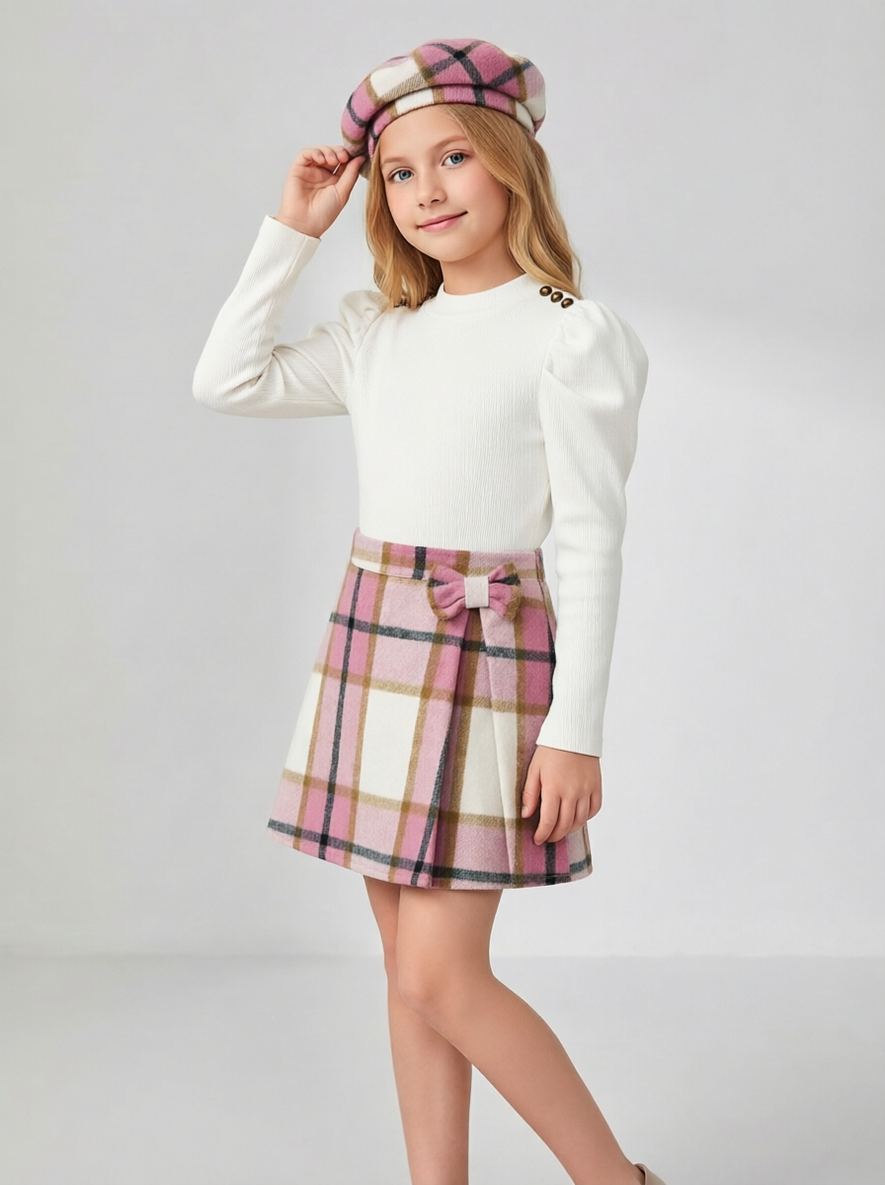 PureChapter Girls 3 Piece Outfit Set, Puff Long Sleeve Ribbed Top, Plaid Bow A-Line Skirt & Matching Beret Hat Vintage Preppy Clothes for Teen Girls 6-14 Years