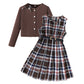 PureChapter Girls' Clothing Sets Long Sleeve Ribbed Cardigan & Plaid Sleeveless Pleated Dress 2-Piece Fall Outfit with Belt & Bow