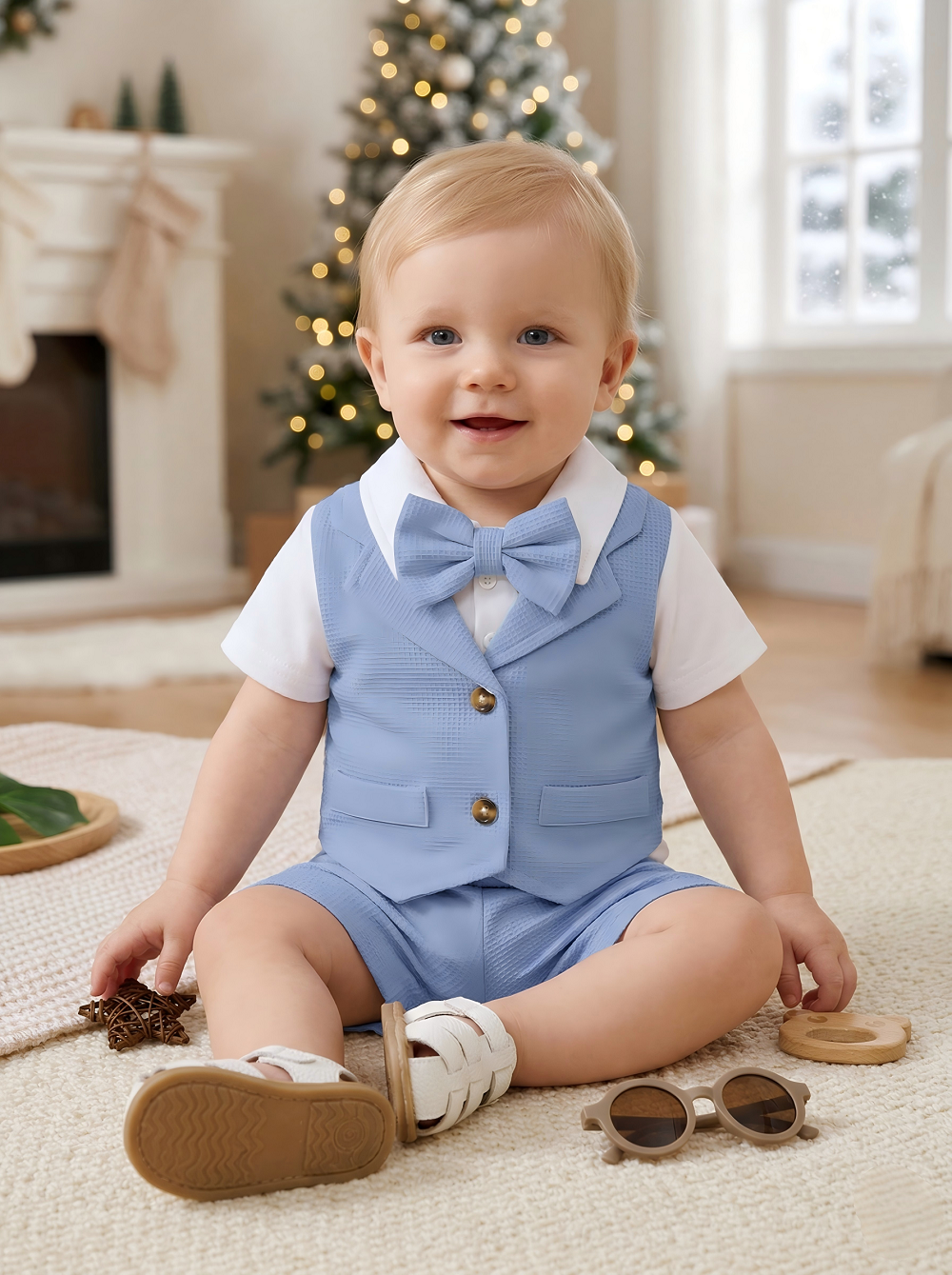 PureChapter Baby Boy Baptism Outfit 2-Piece Set Short Sleeve Waffle Knit Romper Top & Shorts, Christening Outfit for 1-18M