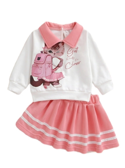 PureChapter Baby Girl Outfit Cute Cat Print Collar Long Sleeve Sweatshirt & Striped Pleated Skirt Casual 2 Piece Set