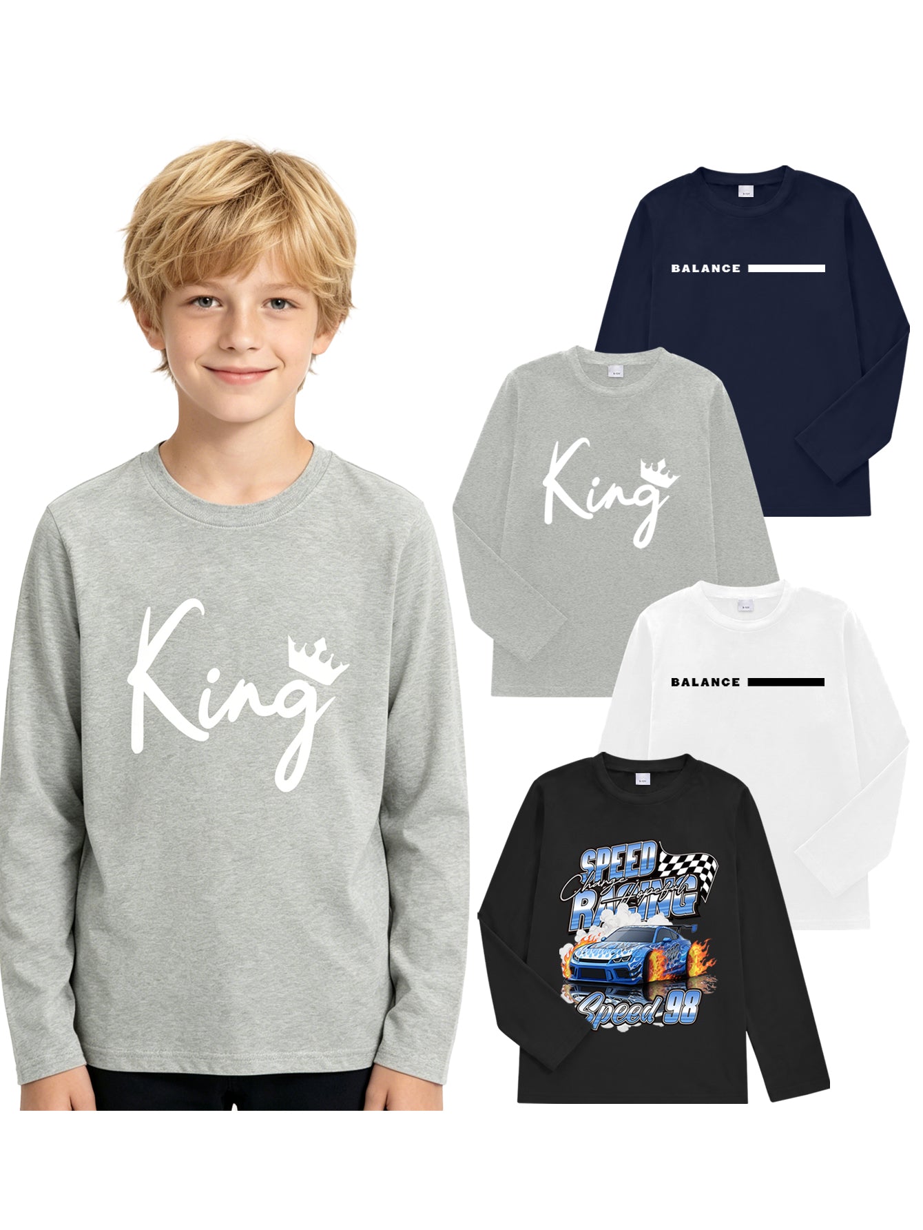 PureChapter 4 Pack Boys T Shirts Mixed Graphic Long Sleeve Crew Neck T-Shirts for 7-15 Years