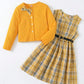 PureChapter Girls' Clothing Sets Long Sleeve Ribbed Cardigan & Plaid Sleeveless Pleated Dress 2-Piece Fall Outfit with Belt & Bow