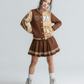 PureChapter Girls Clothes Cartoon Bear Letter Print Color Block Varsity Jacket & Striped Pleated Skirt 2 Piece Outfits for 7-14