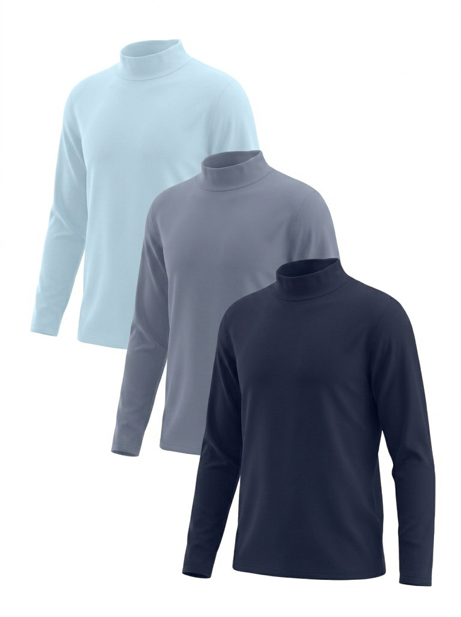 PureChapter Boys Turtleneck Shirts 3-Pack, Solid Color Mock Neck Long Sleeve Base Layer Tees for Kids 7-15Y
