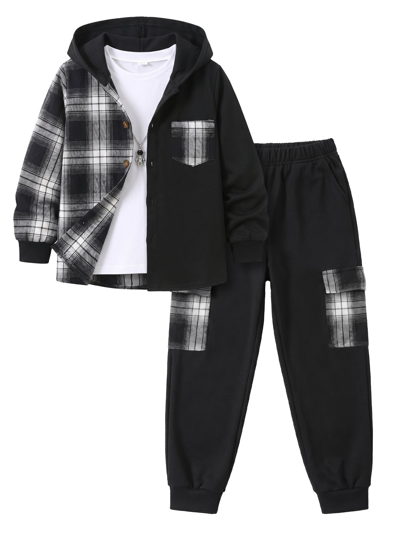 PureChapter Boys Clothing Sets Plaid Color Block Hooded Button Jacket & Jogger Pants 2-Piece Casual Outfits for Kids 7-15 Years