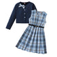 PureChapter Girls' Clothing Sets Long Sleeve Ribbed Cardigan & Plaid Sleeveless Pleated Dress 2-Piece Fall Outfit with Belt & Bow