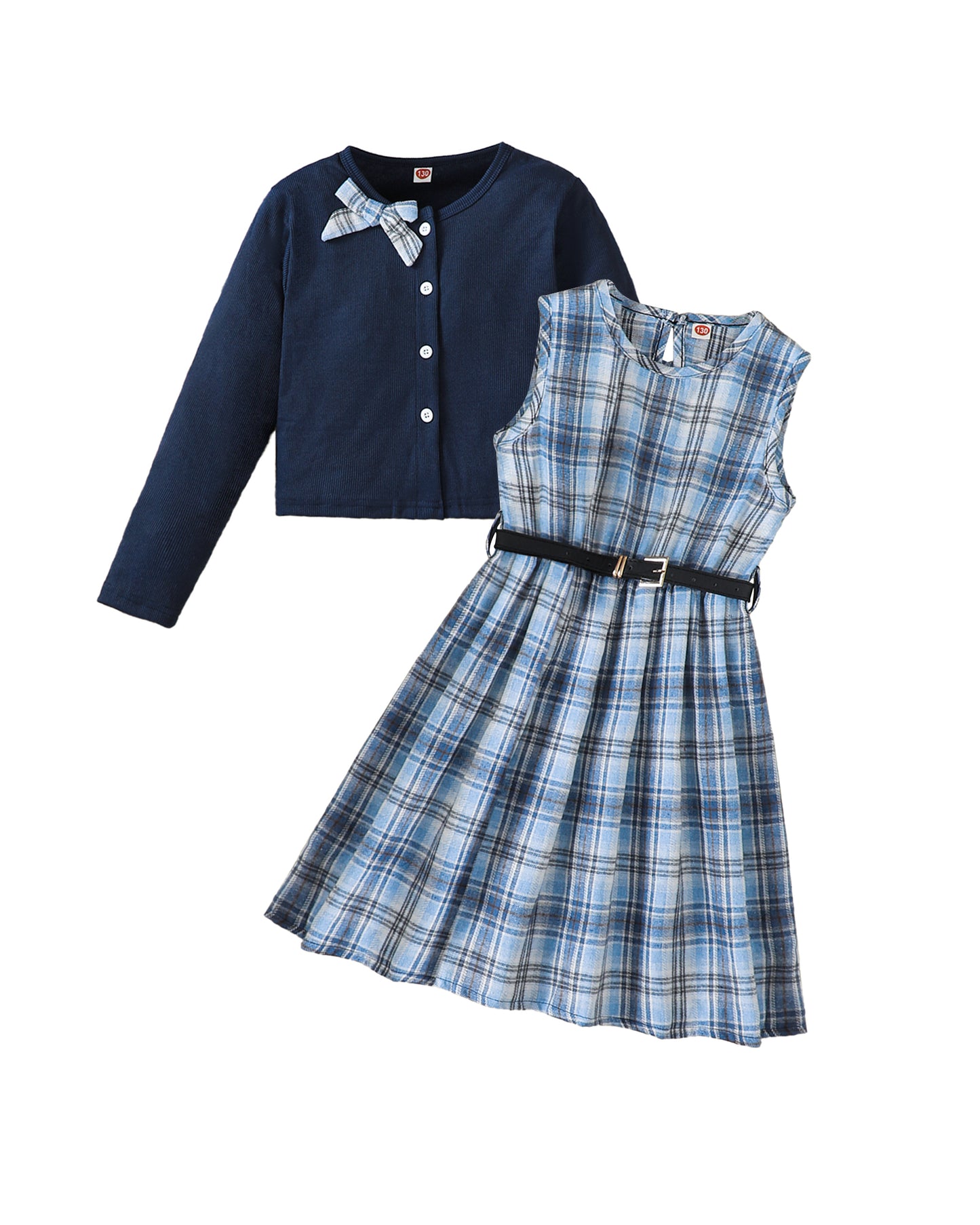 PureChapter Girls' Clothing Sets Long Sleeve Ribbed Cardigan & Plaid Sleeveless Pleated Dress 2-Piece Fall Outfit with Belt & Bow
