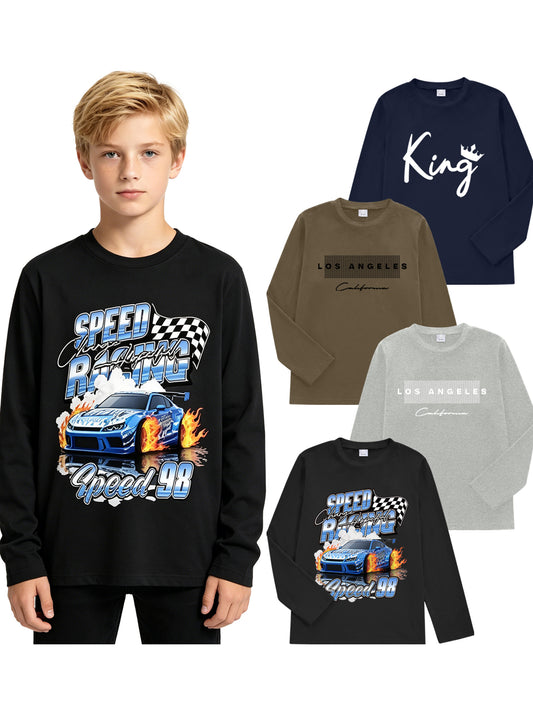 PureChapter 4 Pack Boys T Shirts Mixed Graphic Long Sleeve Crew Neck T-Shirts for 7-15 Years