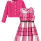 PureChapter Girls' Clothing Sets Long Sleeve Ribbed Cardigan & Plaid Sleeveless Pleated Dress 2-Piece Fall Outfit with Belt & Bow