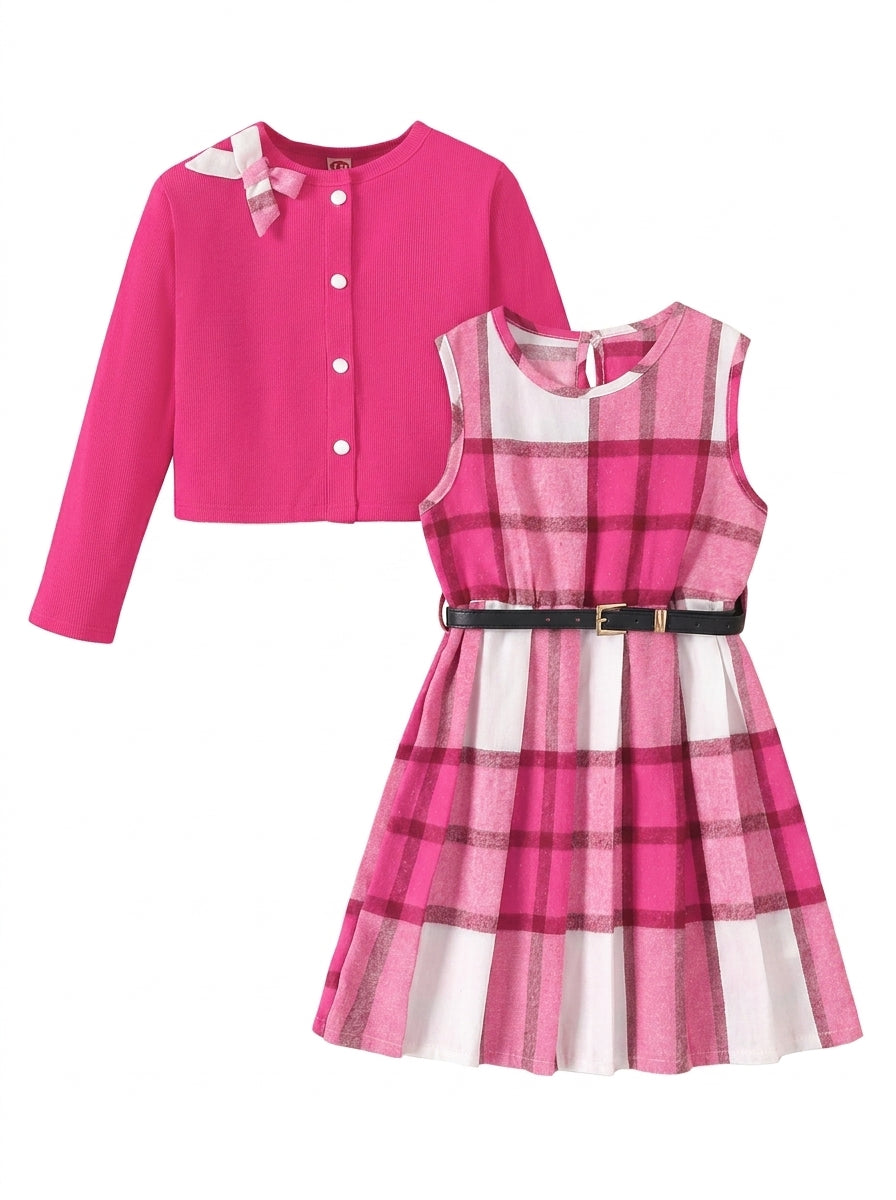 PureChapter Girls' Clothing Sets Long Sleeve Ribbed Cardigan & Plaid Sleeveless Pleated Dress 2-Piece Fall Outfit with Belt & Bow