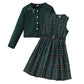 PureChapter Girls' Clothing Sets Long Sleeve Ribbed Cardigan & Plaid Sleeveless Pleated Dress 2-Piece Fall Outfit with Belt & Bow