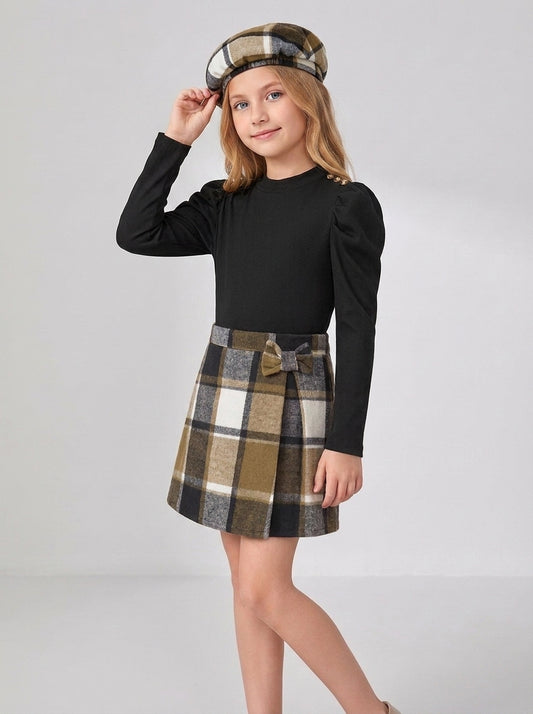 PureChapter Girls 3 Piece Outfit Set, Puff Long Sleeve Ribbed Top, Plaid Bow A-Line Skirt & Matching Beret Hat Vintage Preppy Clothes for Teen Girls 6-14 Years