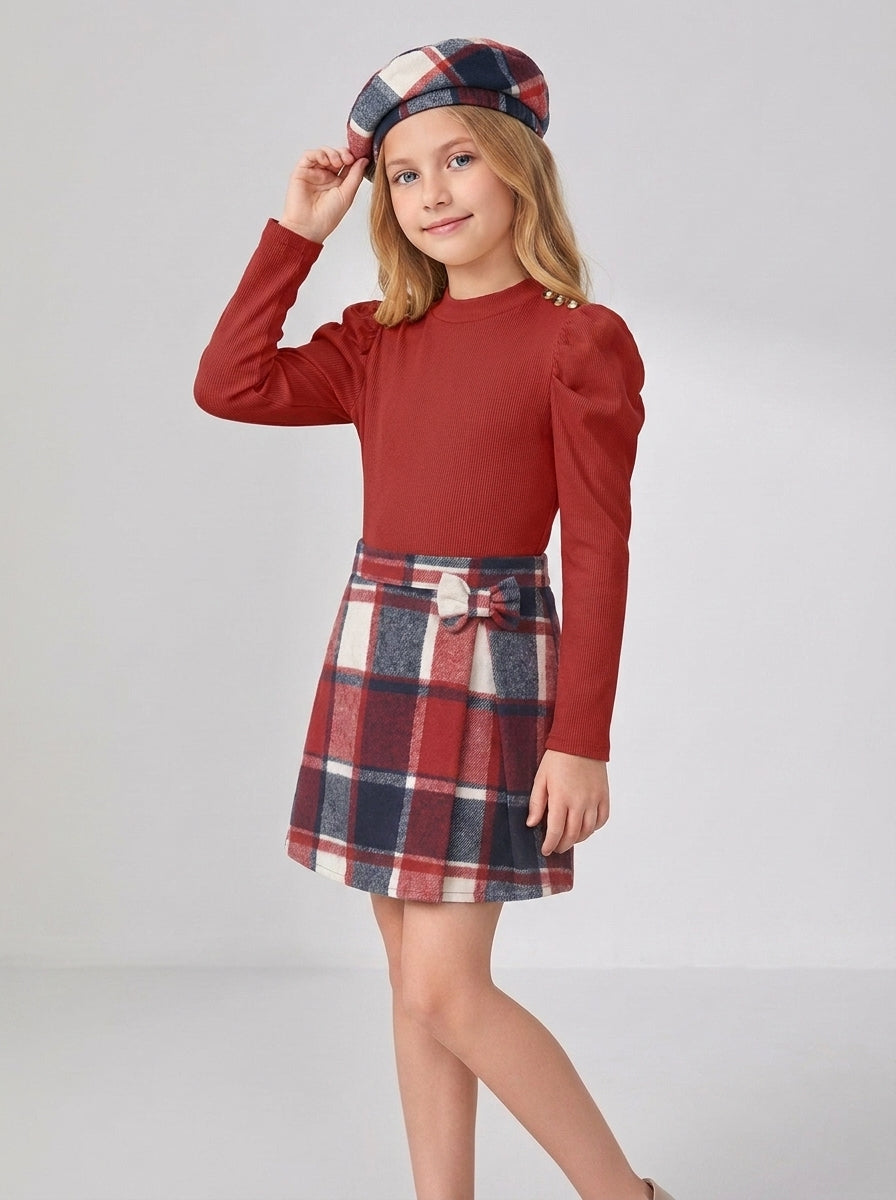 PureChapter Girls 3 Piece Outfit Set, Puff Long Sleeve Ribbed Top, Plaid Bow A-Line Skirt & Matching Beret Hat Vintage Preppy Clothes for Teen Girls 6-14 Years