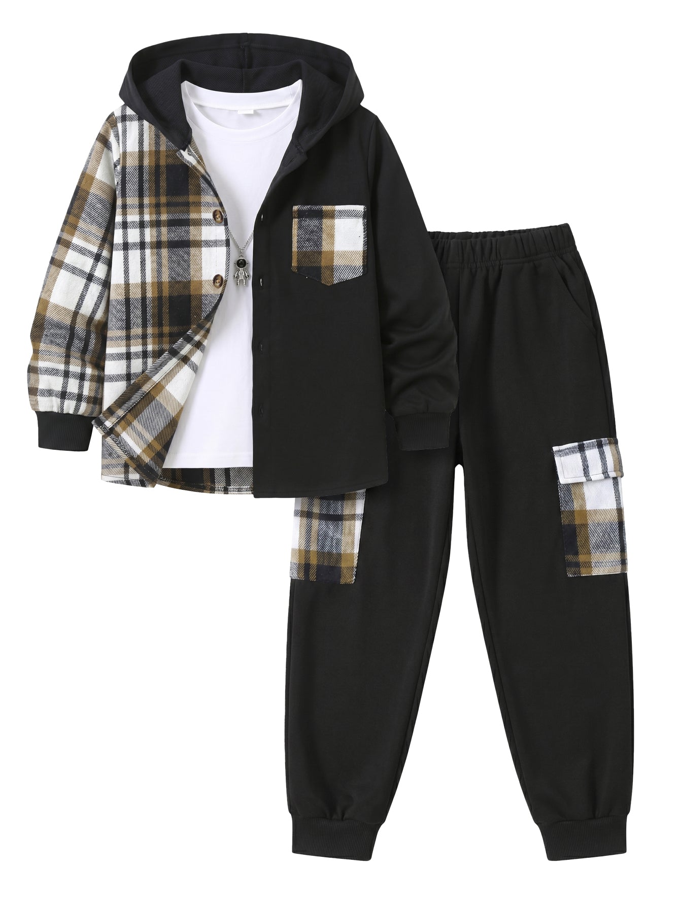 PureChapter Boys Clothing Sets Plaid Color Block Hooded Button Jacket & Jogger Pants 2-Piece Casual Outfits for Kids 7-15 Years