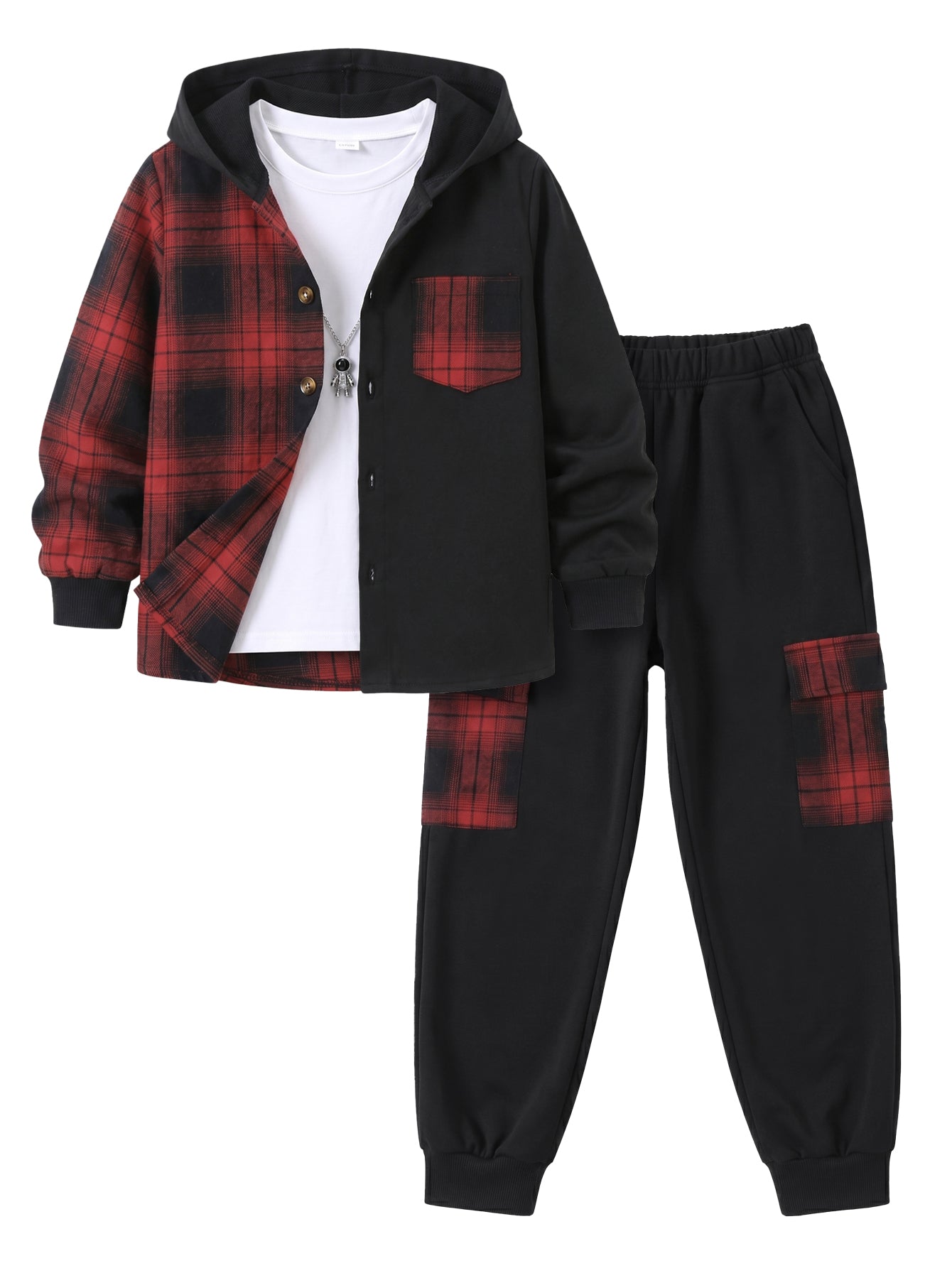 PureChapter Boys Clothing Sets Plaid Color Block Hooded Button Jacket & Jogger Pants 2-Piece Casual Outfits for Kids 7-15 Years