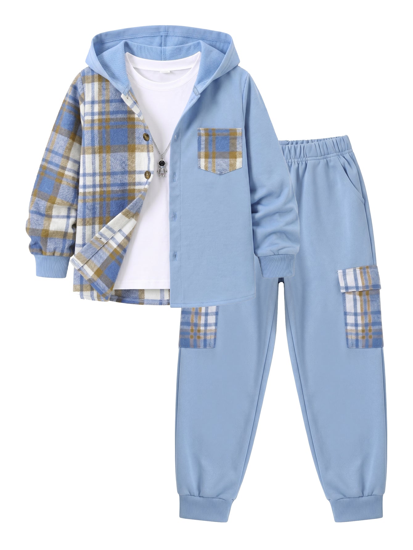 PureChapter Boys Clothing Sets Plaid Color Block Hooded Button Jacket & Jogger Pants 2-Piece Casual Outfits for Kids 7-15 Years