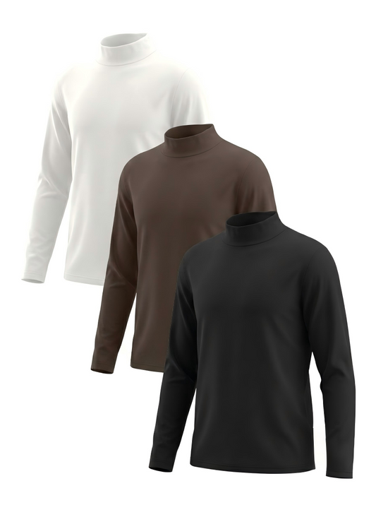 PureChapter Boys Turtleneck Shirts 3-Pack, Solid Color Mock Neck Long Sleeve Base Layer Tees for Kids 7-15Y