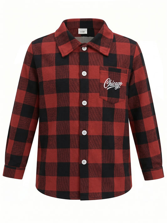 PureChapter Boys Button Down Shirt Plaid Long Sleeve Shirt with Letter Embroidery, Casual Boys Shirts for 7-15 Years