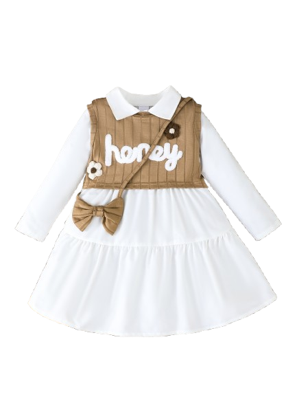 PureChapter Girls' Clothing Sets Collared Long Sleeve Dress + Ribbed Knit Vest + Bow Crossbody Bag 3 Pieces Outfit for Kids 4-7Y