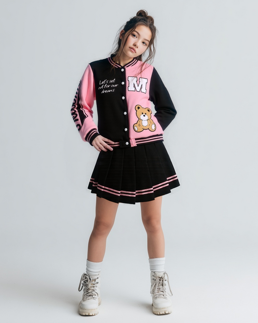 PureChapter Girls Clothes Cartoon Bear Letter Print Color Block Varsity Jacket & Striped Pleated Skirt 2 Piece Outfits for 7-14