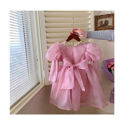 Baby Girls Princess Dress Spring Sequined Lace Doll Collar Bubble Sleeve Gauze Dress  23C009