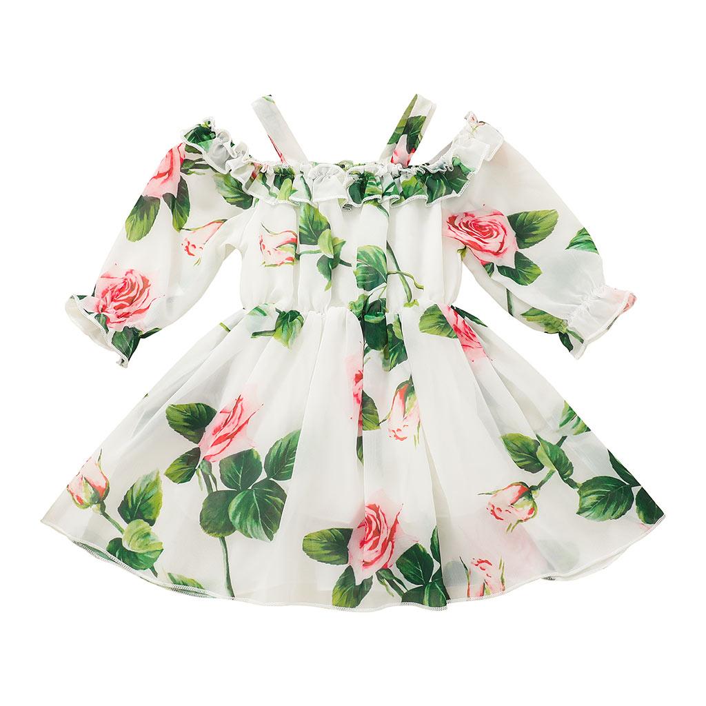 Baby Girls Dress Straps Floral Print Long Sleeve One Piece Sund Dress White SH10368B