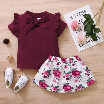 Baby Girl Clothes Ruffle Short Sleeve Tops Floral Skirt Summer 2pcs Outfits Wine Red 22011848-1