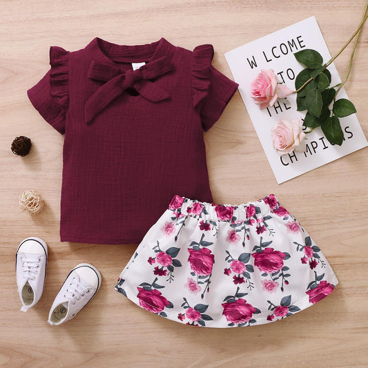 Baby Girl Clothes Ruffle Short Sleeve Tops Floral Skirt Summer 2pcs Outfits Wine Red 22011848-1