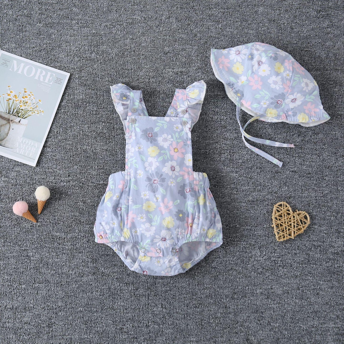 Kid Fashion Ready Stock Girls Clothes Summer Sleeveless Floral Print Romper With Hat 2Pcs Set ZX-ZB029