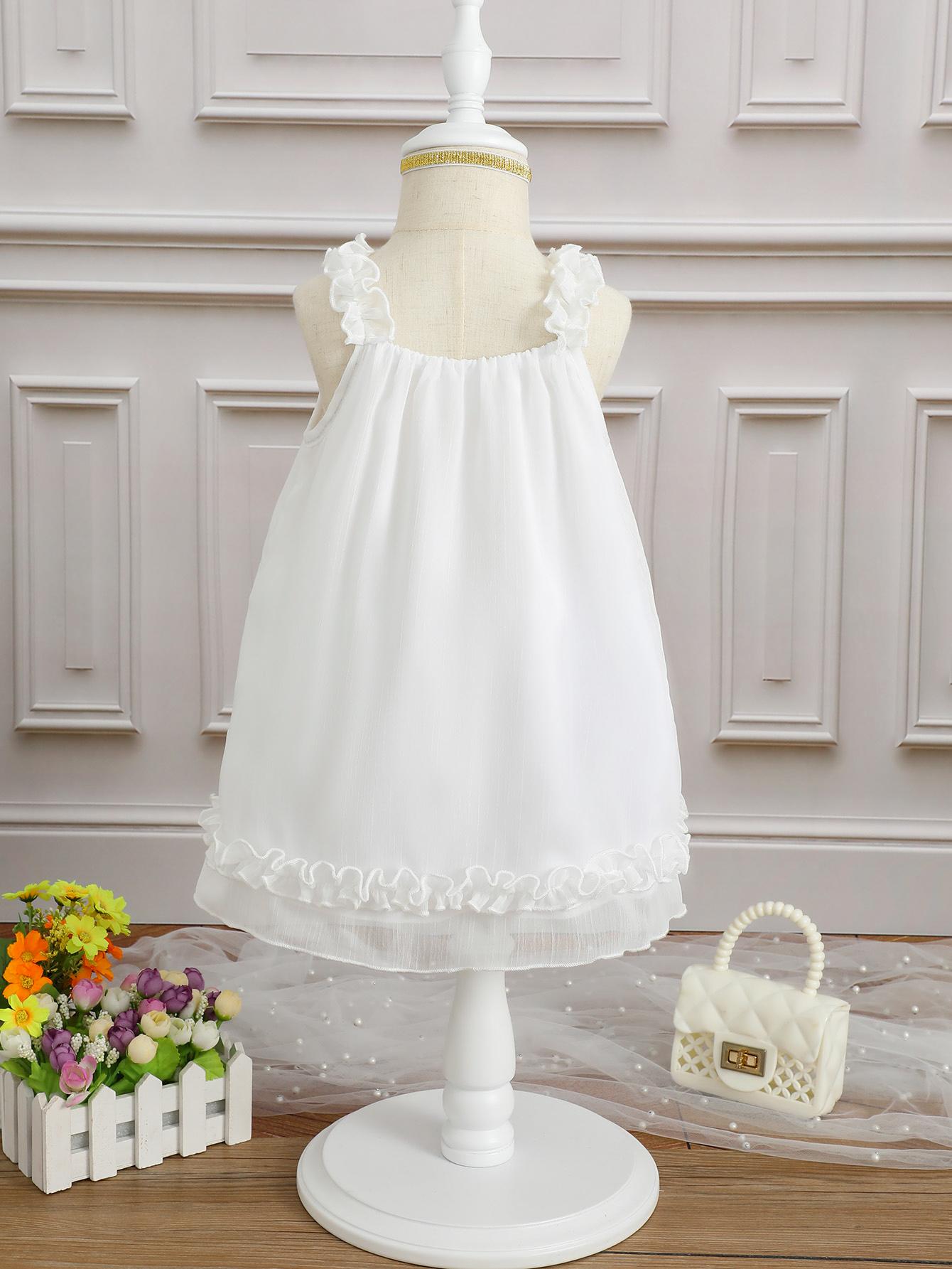 Ready Stock Kids Fashion Girls Clothes Solid White Lace Summer Straps Eneving Party Dress With Headband 2Pcs Perforamance Set 112301001