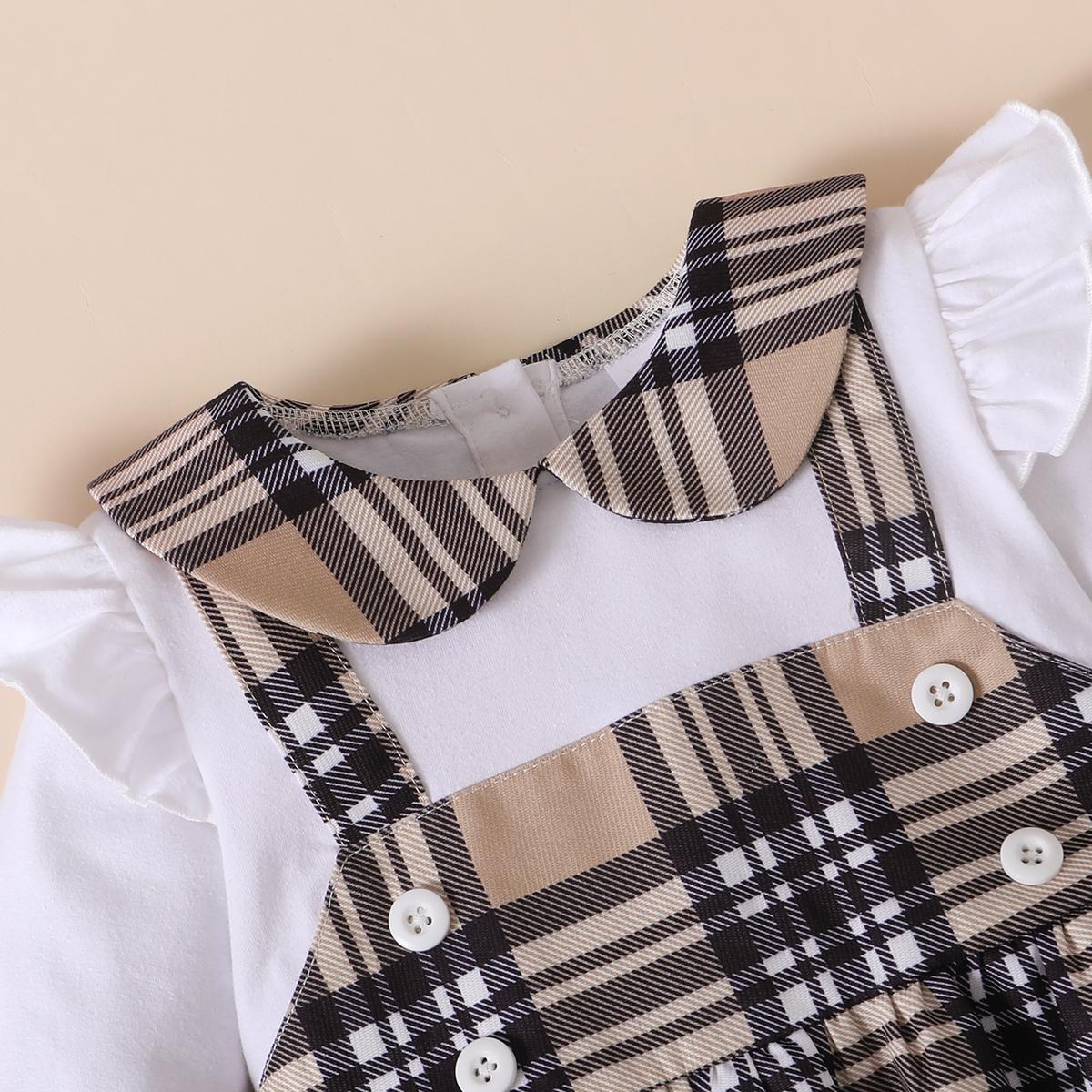 Kids Fashion Girls Dress Barbary Style Fake Two Pieces Plaid Ruffle One Piece Party Dress White 122210302